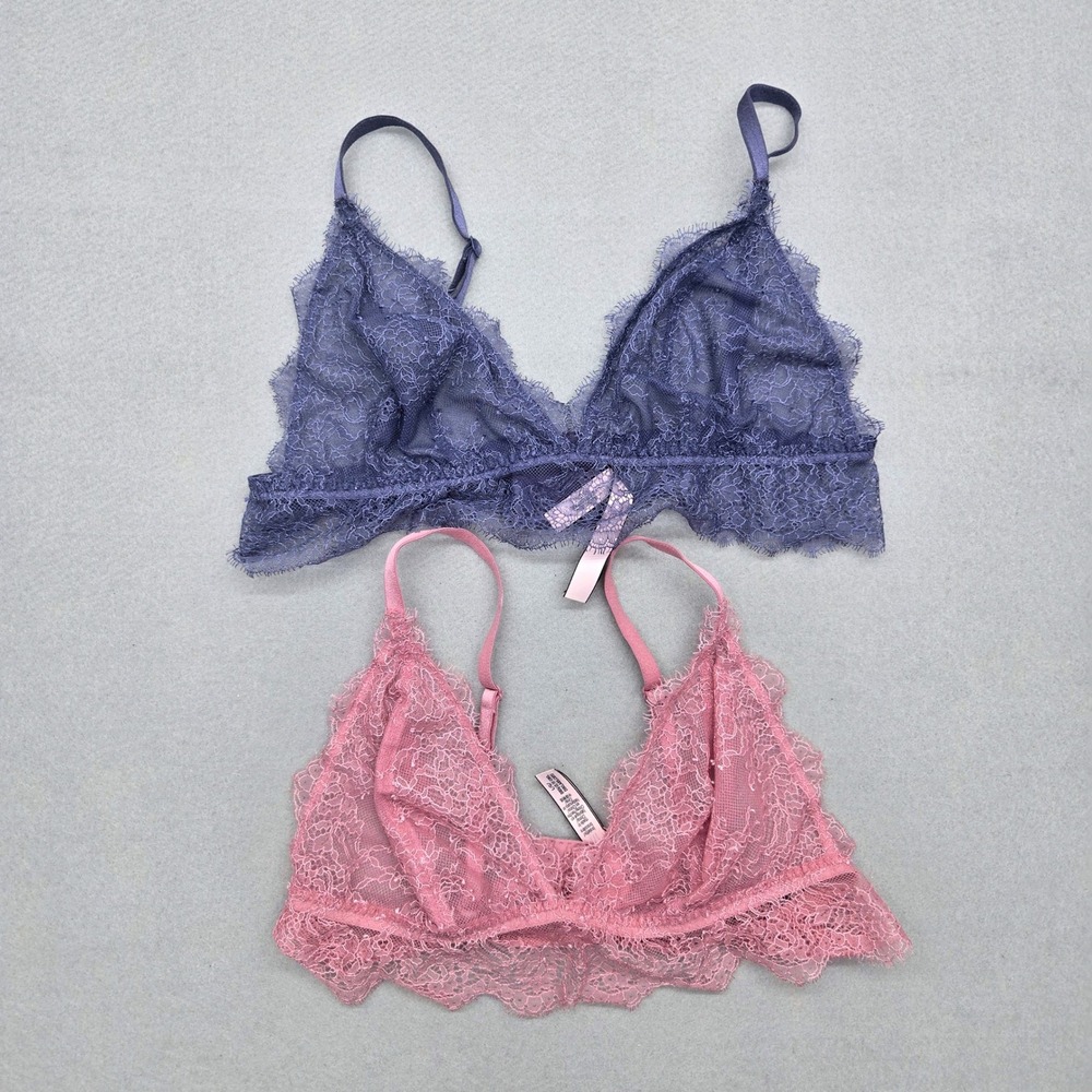 Victoria Secret Dream Angels Unlined Eyelash Lace Bralette Lot 2 Pink Purple L